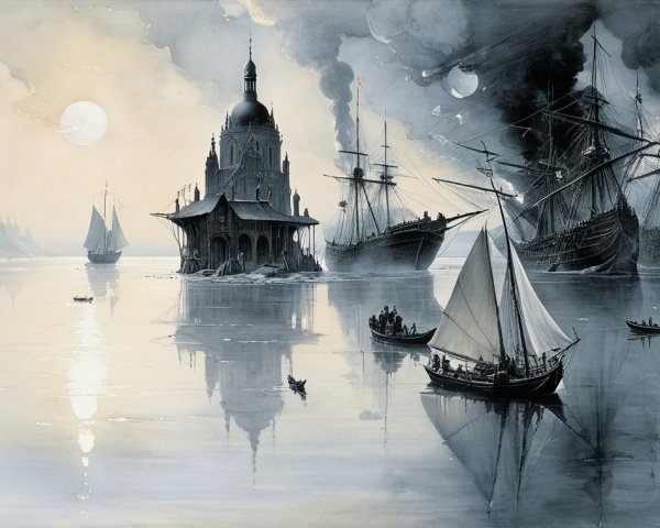 Monochrome Seascape with Gothic Castles and Ships