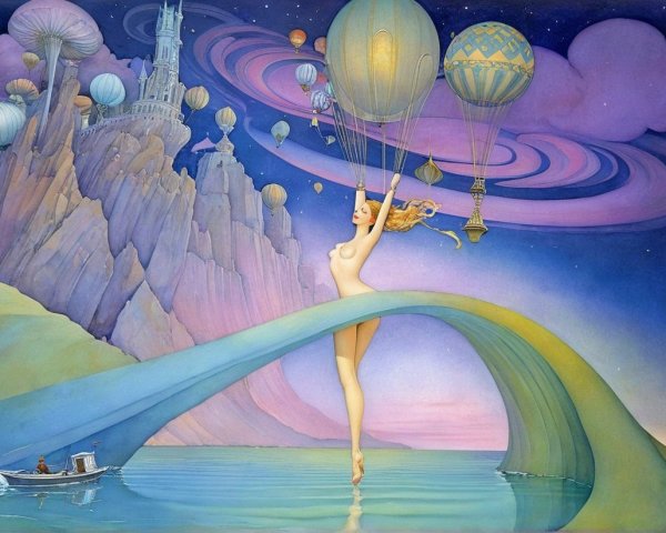Whimsical Scene with Female Figure and Hot Air Balloons