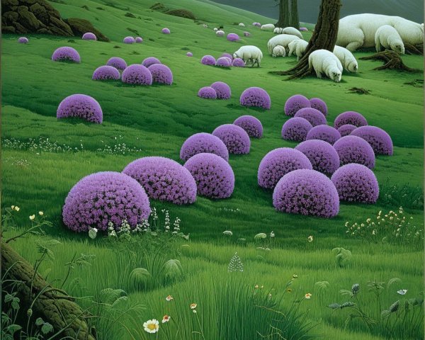 Serene Landscape of Green Hills and Purple Flowers