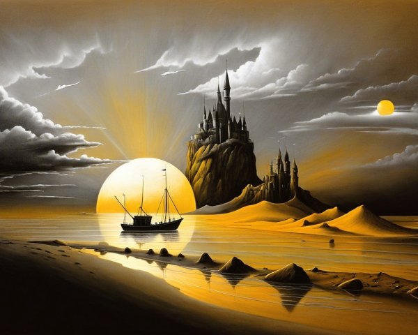 Dramatic Landscape with Castle and Sunset Reflection