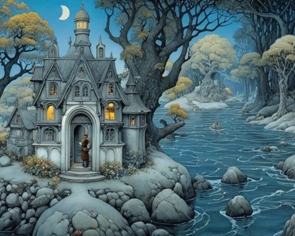 Surreal House on Rocky Island Under Twilight Sky