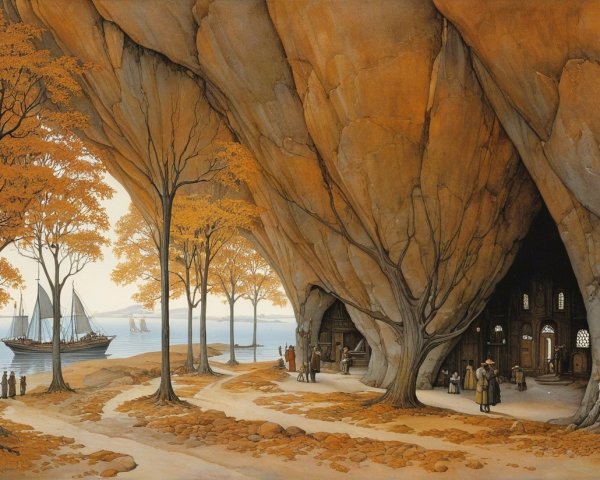 Serene Coastal Landscape with Rock Formations and Village