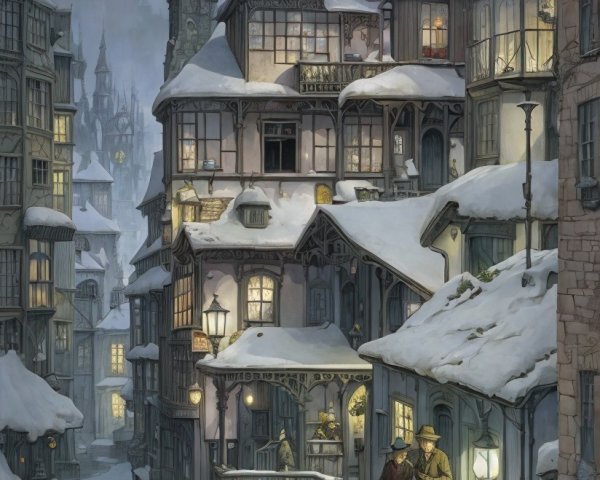 Snow-Covered Village Scene with Warm Illuminations