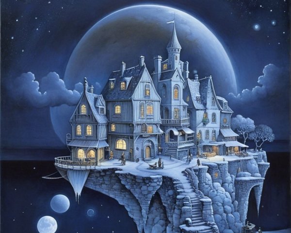 Whimsical Mansion on a Cliff Under Starry Sky