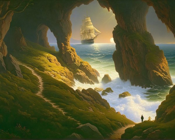 Coastal Cave Scene with Waves and Sailing Ship