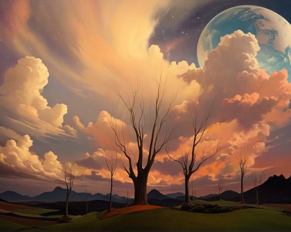 Surreal Landscape with Vibrant Sky and Leafless Trees
