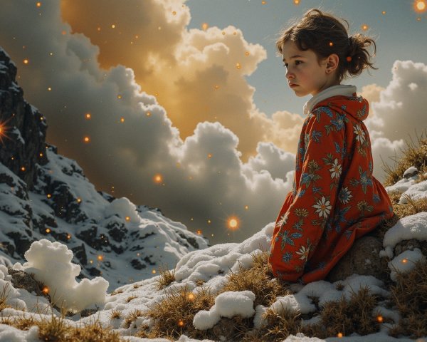 Young girl in red hoodie on snowy rock landscape