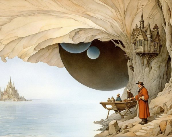 Whimsical Scene with Castle, Creatures, and Clouds