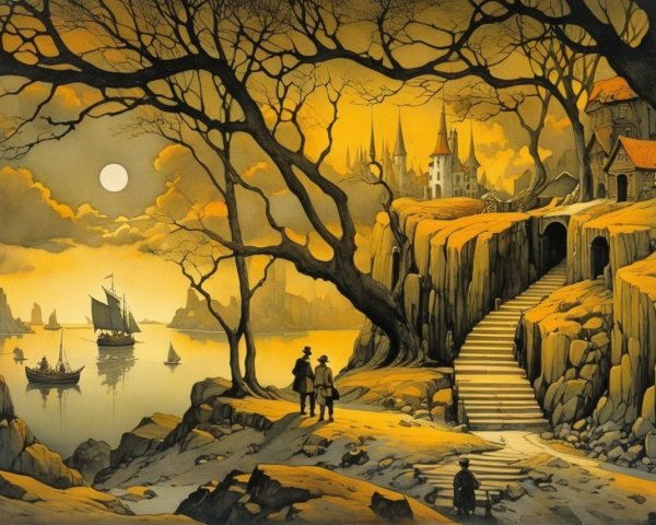 Surreal Landscape with Winding Staircase and Castle
