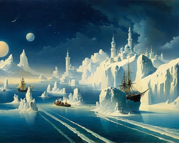 Surreal Seascape with Icebergs and Starry Sky