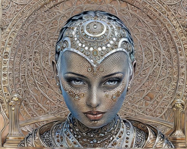 Stylized portrait of a woman with intricate jewelry