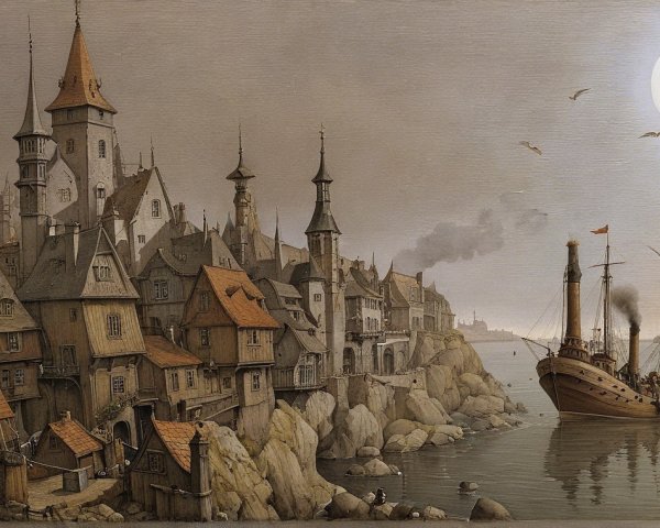 Whimsical Coastal Town with Vintage Steamship Scene
