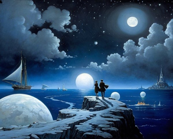 Figures on Rocky Outcrop Overlooking Serene Ocean