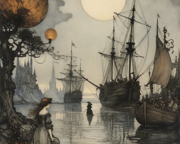 Tranquil Waterway with Sailing Ships and Castle View