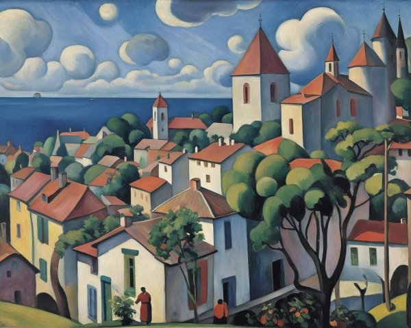 Vibrant Village Scene with White Houses and Greenery