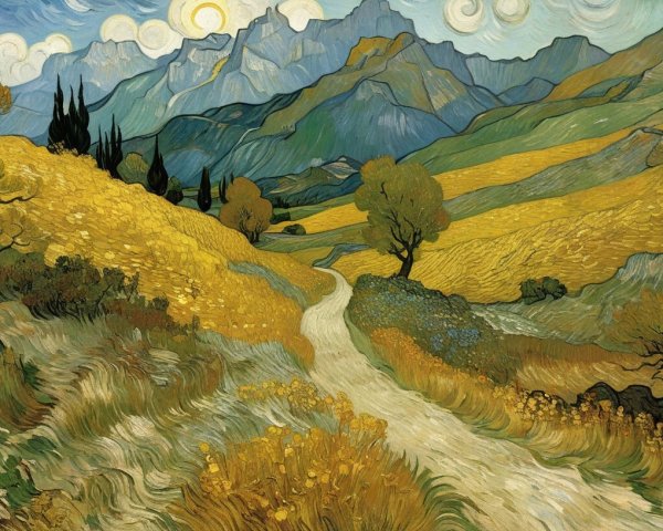 Vibrant Landscape with Rolling Hills and Cypress Trees