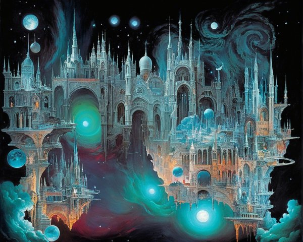 Surreal Cosmic Landscape with Towering Castles