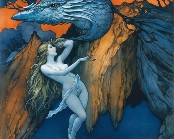 Mystical Scene with Ethereal Woman and Surreal Bird