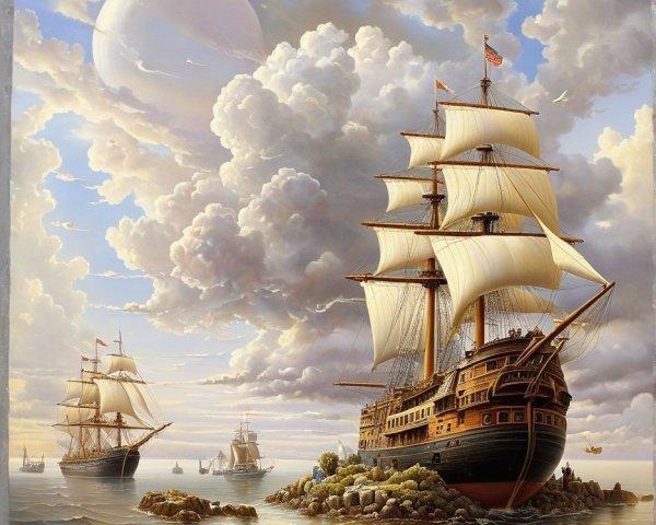 Sailing Ships on a Tranquil Sea with Dramatic Sky