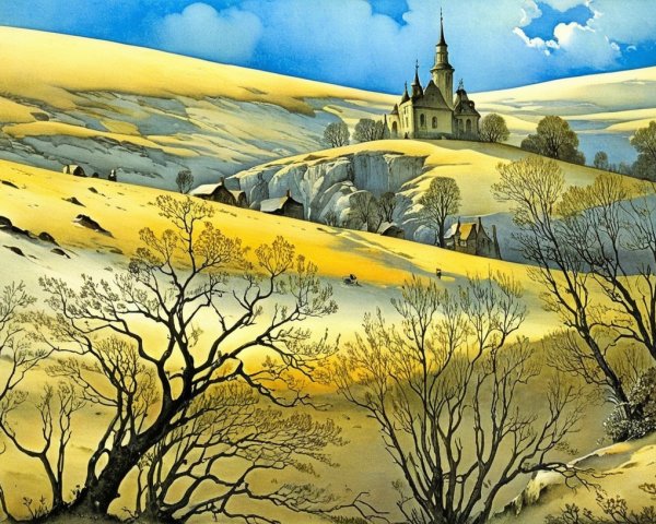 Serene Winter Landscape with Castle and Leafless Trees