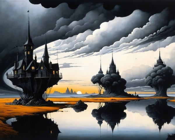 Surreal Landscape with Castles and Eerie Atmosphere