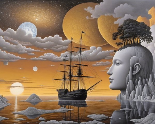 Surreal Landscape with Ship and Ethereal Head