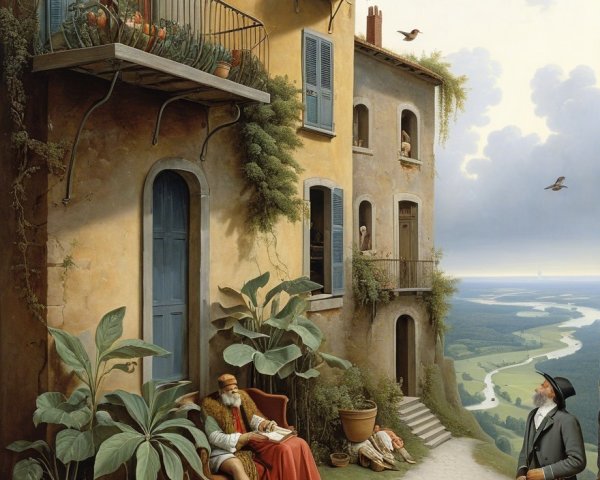 Serene Village Scene with Balconies and Nature Elements