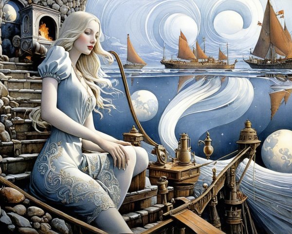 Serene scene of a woman by tranquil water and moons