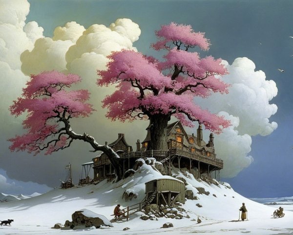 Whimsical Winter Scene with Grand House and Pink Tree