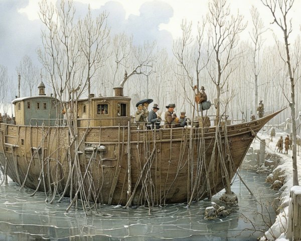 Wooden Boat in Wintry Landscape with Vintage Gatherers