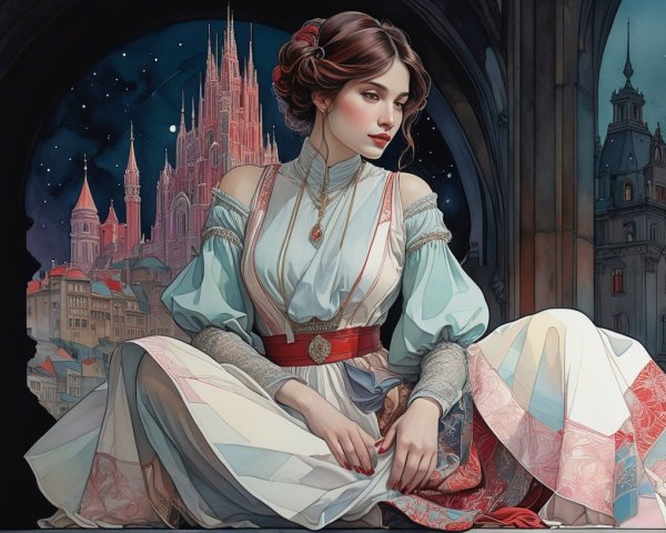 Young woman in gown against castle twilight backdrop