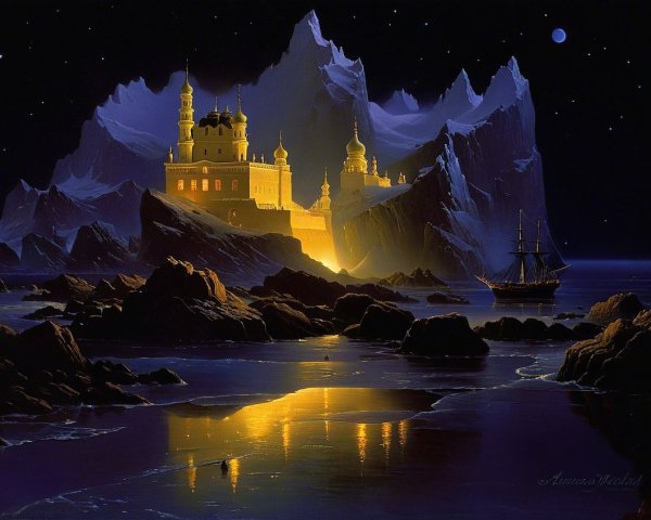 Mystical Castle on Cliffs by Moonlit Ocean