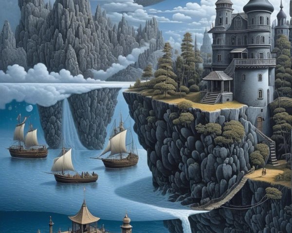 Surreal Landscape with Castles and Reflective Waters