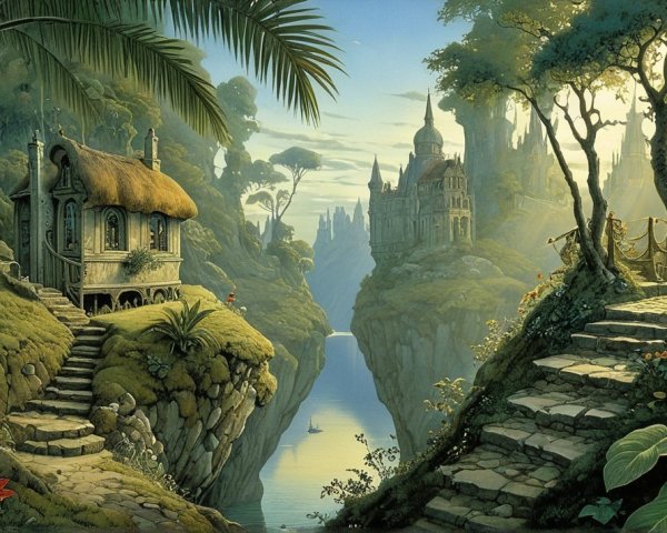 Serene Fantasy Landscape with Cottage and Castle