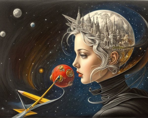 Woman with Silver Hair and Celestial Helmet in Space