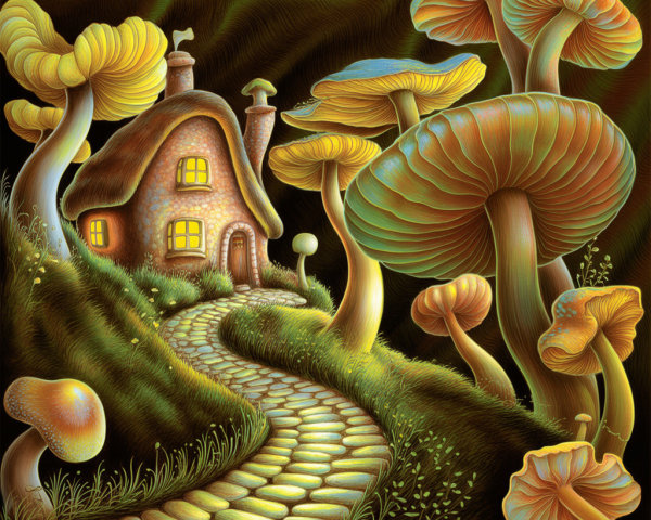 Whimsical Fantasy Cottage Surrounded by Glowing Mushrooms
