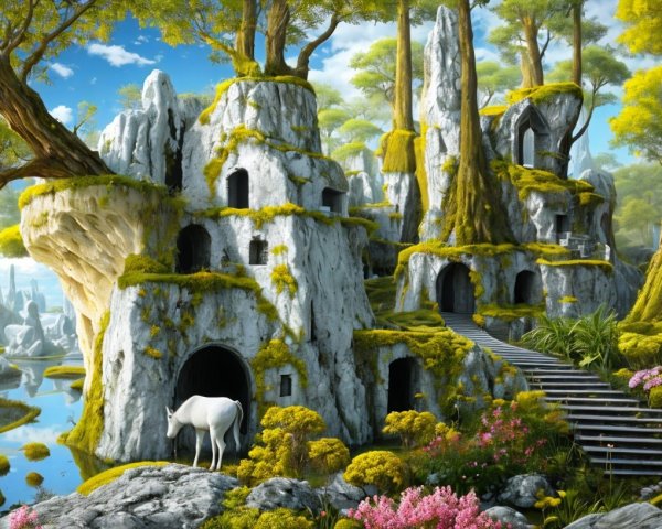 Serene Fantasy Landscape with Cliffs and Tranquil Water