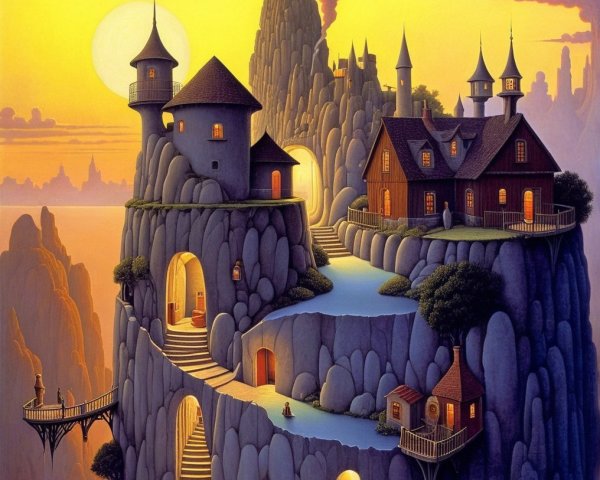 Whimsical Castle Landscape at Golden Sunset