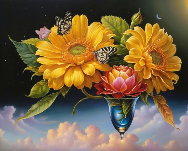 Vibrant Still Life with Sunflowers and Lotus Flowers