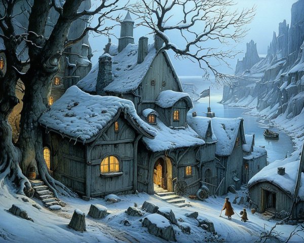 Quaint Village in Snowy Landscape at Twilight