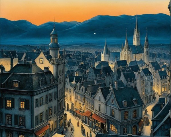 Serene Twilight Scene in a Historic Town Setting