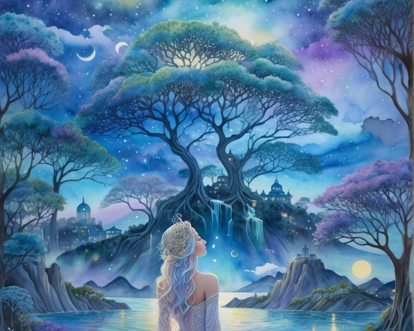 Mystical Landscape Under a Starry Night Sky