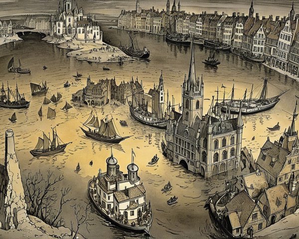 Historic Waterfront Scene with Boats and Castle