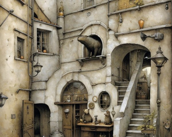 Whimsical Aged Courtyard with Intricate Architecture