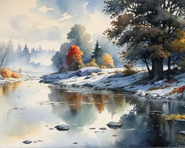 Watercolor Landscape of River in Winter Scene