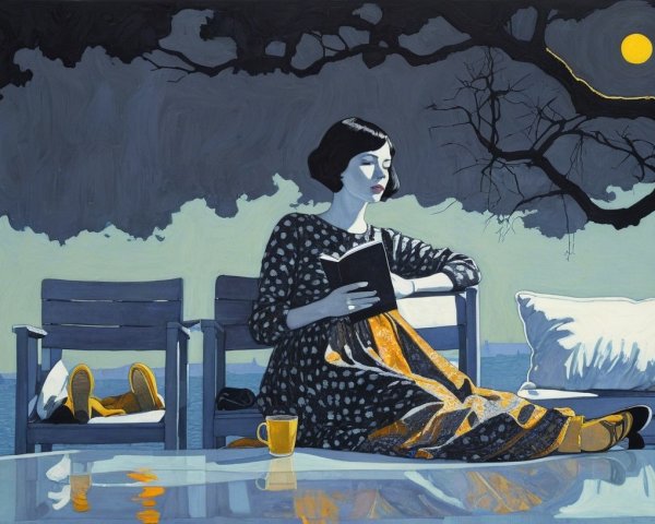 Woman Reading on Balcony with Scenic Lake View