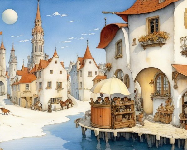 Medieval Village with Whimsical Architecture and Market