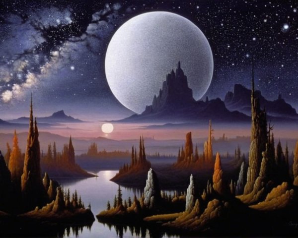 Cosmic Landscape with Moon, Galaxies, and Mountains