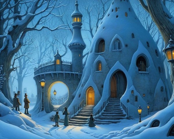 Whimsical Winter Scene in a Snowy Forest Cottage