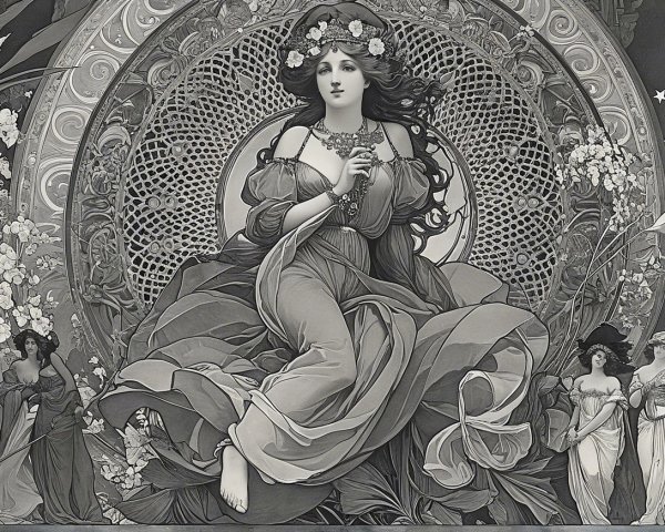 Ethereal Woman in Floral Gown Surrounded by Flowers